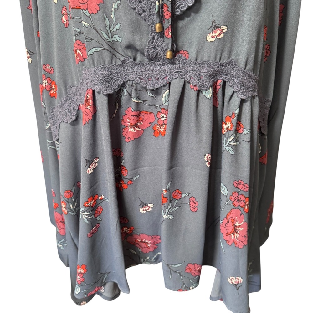 Eyeshadow Blue Gray Floral Lace Trim Tie Neck Peasant Tunic Blouse Top 3X *READ‎ - Picture 14 of 14